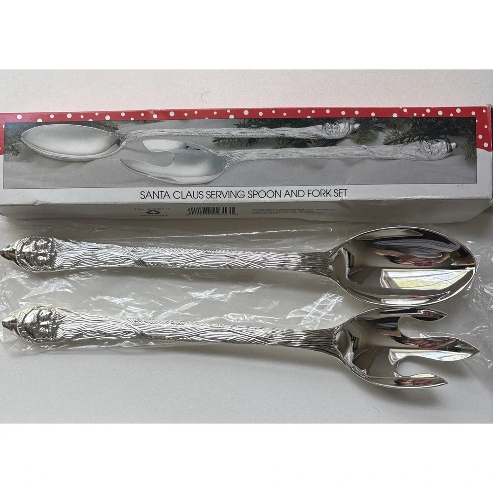 Vintage Silver Silverplated Santa Claus Salad Fork & Spoon Serving Holiday